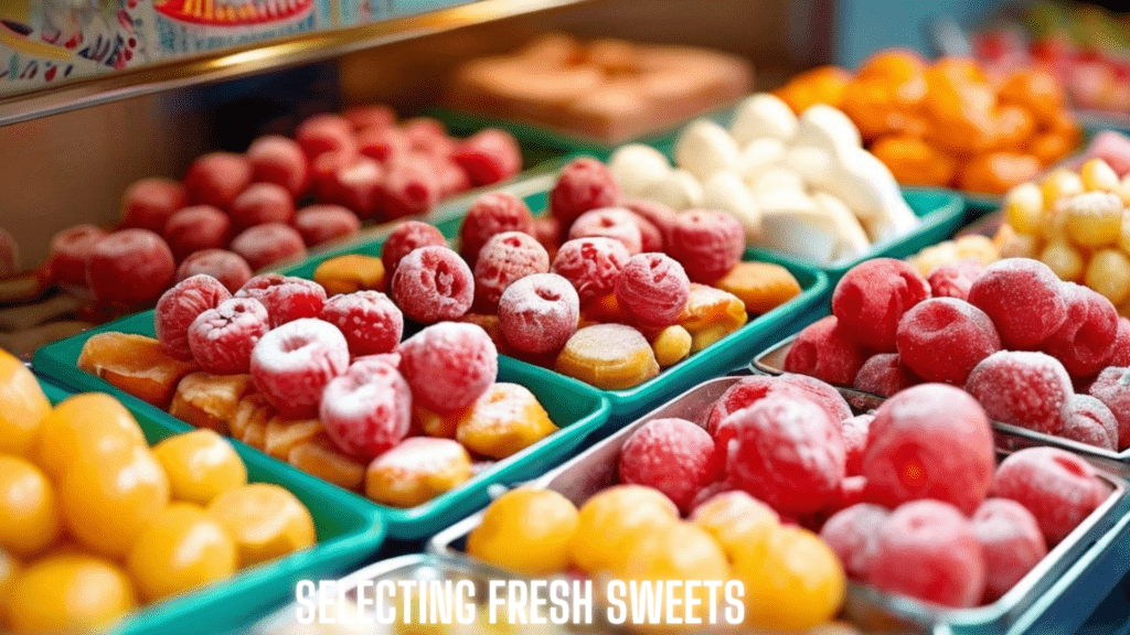 ताज्या मिठाईंची निवड (Selecting fresh sweets)